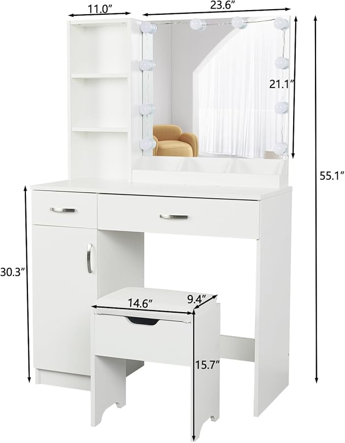 Fameill White Vanity Desk with Mirror and Lights,Makeup Vanity with 2 Drawers Lots Storage,Makeup Table with Lighted Mirror,3 Lighting Colors, Brightness Adjustable,35in(L)