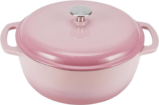 Amazon Basics Cast Iron Dutch Oven Pot with Lid, Enameled, Round, Dual Handles, Heavy-Duty, Medium, 6-Quart, Light Pink