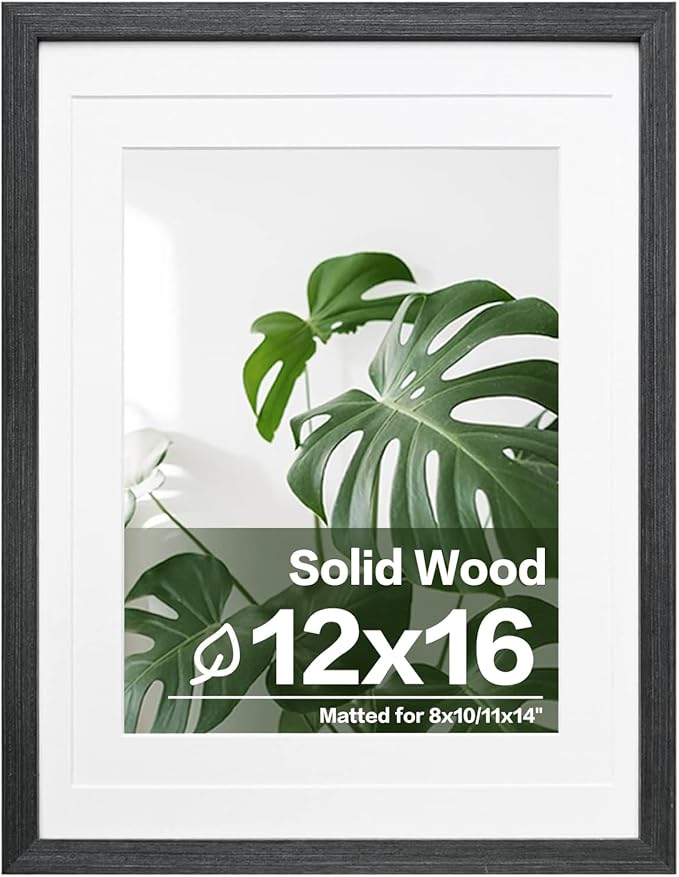 Egofine 12x16 Picture Frame Made of Solid Wood with Plexiglass, Display Pictures 9x12/11x14 with Mat or 12x16 Without Mat for Wall Mounting, Rustic Black
