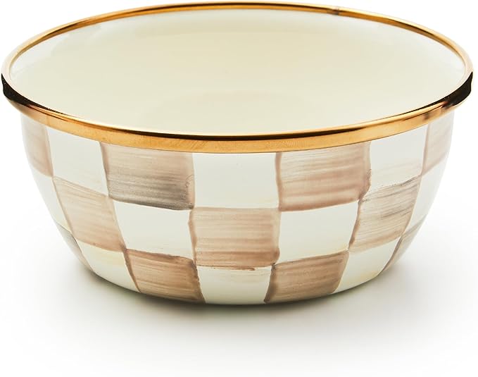 MACKENZIE-CHILDS Enamel Pinch Bowl, Small Bowl for Kitchen Ingredients, 1.5-Cup Capacity, Brown-and-White Mocha Check