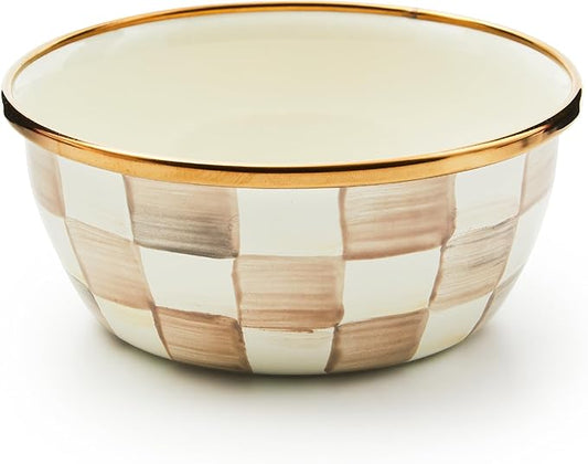 MACKENZIE-CHILDS Enamel Pinch Bowl, Small Bowl for Kitchen Ingredients, 1.5-Cup Capacity, Brown-and-White Mocha Check