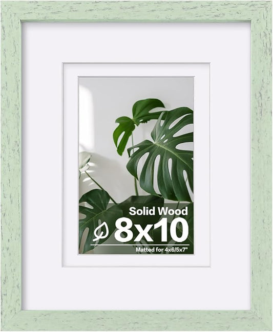 Egofine 8x10 Picture Frame Made of Solid Wood Covered by Plexiglass, Display Pictures 4x6/5x7 with Mat or 8x10 Without Mat for Table Top Display and Wall Mounting Photo Frame, Rustic Green