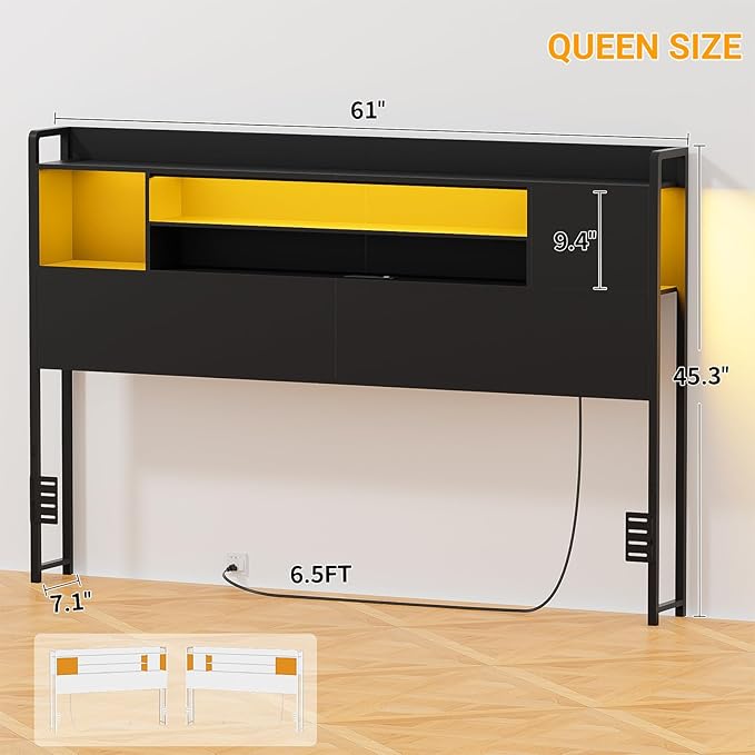 Unikito Headboard for Queen Size Bed, Bookcase Style Head Board with Power Outlet and RGB LED Light, Reversible Headboard with Storage, Height Adjustable, Sturdy and Stable, Queen Size, Black