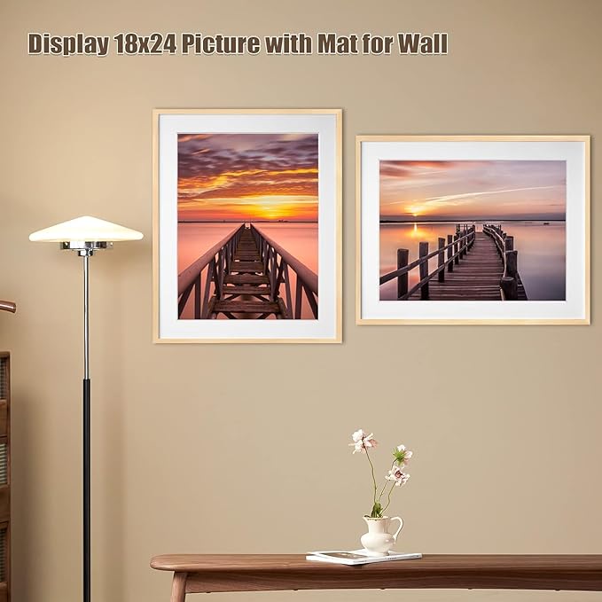 Egofine 22x28 Solid Wood Picture Frame, Made of Solid Wood Covered by Plexiglass 18x24 with Mat 22x28 without Mat, Poster Frame for Wall Mounting Hanging Photo Vertically or Horizontally, Natural Wood