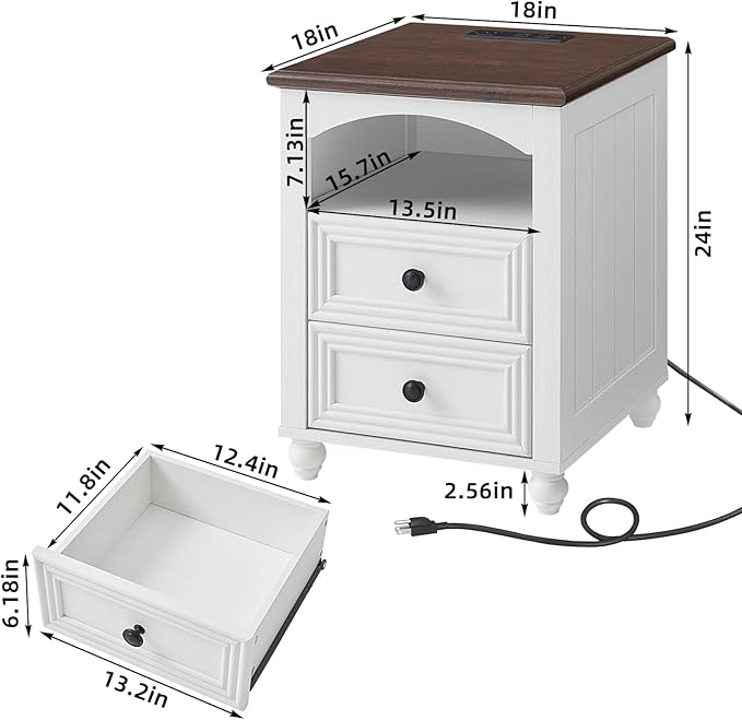 18" Farmhouse Night Stand Set 2 with Charger Station, White 2 & 3 Drawers Wood Nightstand, Bedside End Table with Storage and Roman Column, Bed Side Tables Cabinet for Bedroom, Living Room, and Closet