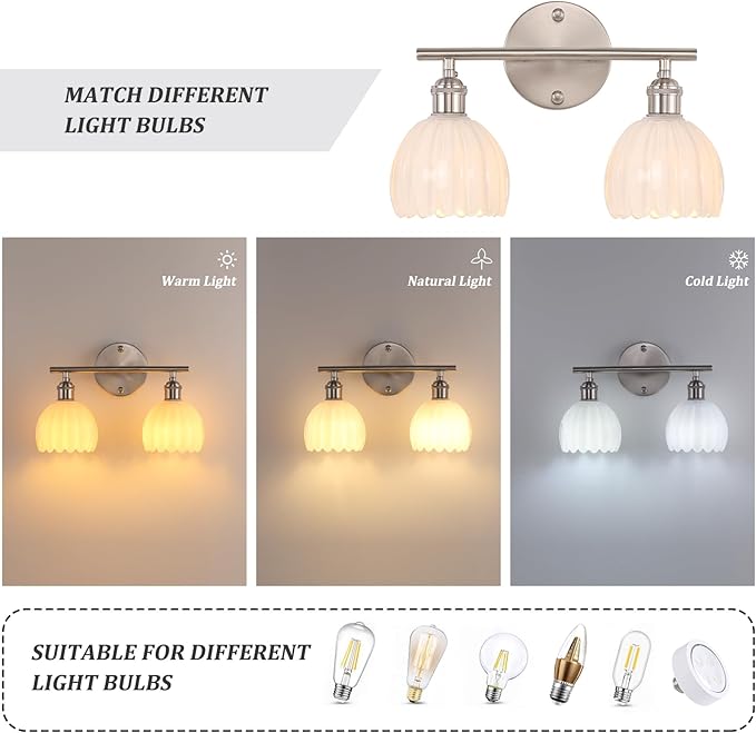 Bathroom Light Fixtures, 2-Light Vanity Wall Light Over Mirror with White Tulip Glass Shade for Bedroom Living Room, Satin Nickel