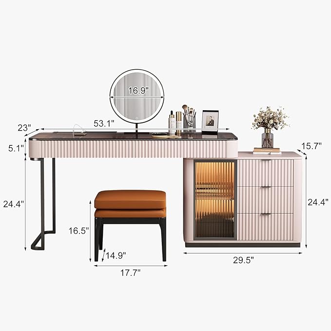 Larits Makeup Vanity with Stool, Very Easy to Assemble, Dressing Table in one, Super Storage with LED Light Vanity Mirror with ash Full Solid Wood upholstered Vanity Stool (Pale Pink, 47 in)