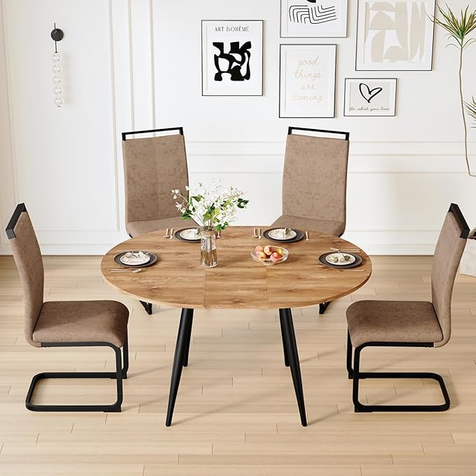 42"-54" Extendable Dining Table Set for 4, Round Dining Table Set for 4, 0.73" Thick Wood Tabletop with Smooth Edge, Black Metal Leg with Non-Slip Footmat, 4 Soft PU Chairs, for Kitchen, Small Space
