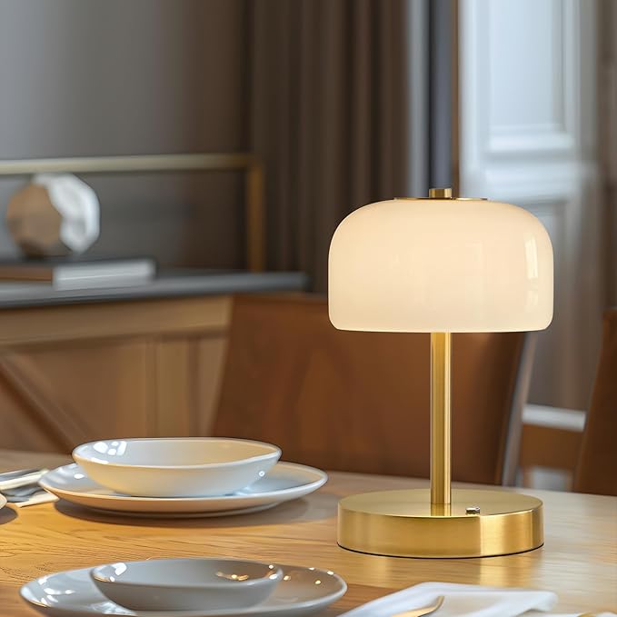 PORTRES Cordless Table Lamp Rechargeable Battery Operated Mushroom lamp Opal Glass Shade 3 Way Dimmable LED Touch Outdoor Lamp for Camping Bedroom Dining Living Room Beside Patio Restaurant,Gold