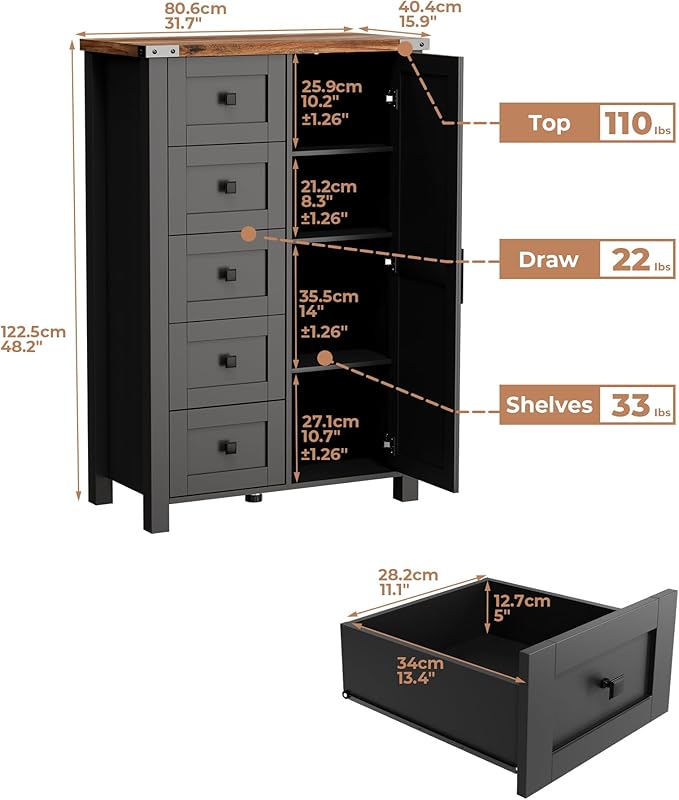 Farmhouse Tall Dresser Chest of Drawer for Bedroom, 5 Drawer Storage Cabinet with Barn Door, 48 Inch Tall Wood Dresser, Adjustable Shelves, Rustic, for Living Room, Entryway, Hallway