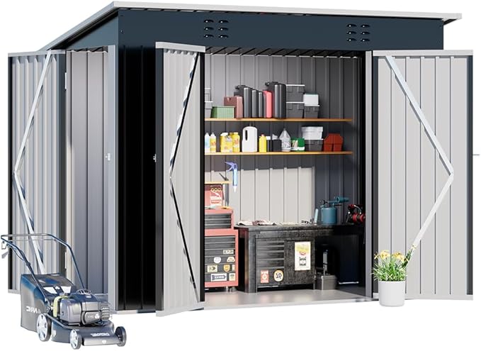 COMHOMA Shed Outdoor Storage Shed Metal,Lockable Doors Tool Sheds with Sloping Roof,Steel Garden Shed with Air Vent for Backyard,Patio,Lawn,Poolside (Grey, 8'*4')