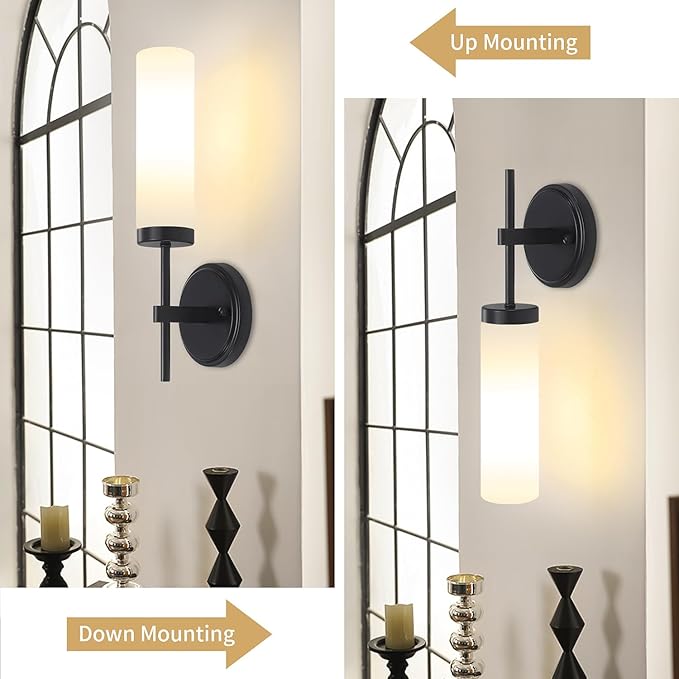 Black Wall Sconces, Modern Bathroom Vanity Lights with Frosted Glass, Sconces Wall Decor Set of 2, Hardwired Wall Sconce Lighting, Indoor Wall Lights for Bedroom Living Room Hallway