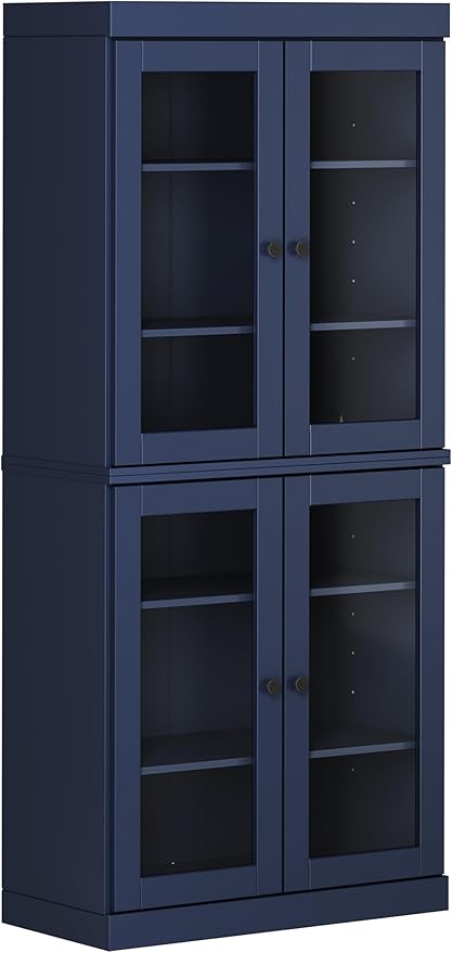 Palace Imports Solid Wood Bookcase - 6-Tier Bookshelf, 71.5” H x 32” W - Navy Blue, Clear Glass Cabinet Doors & Adjustable Shelves, Tall Bookcase, 100% Renewable Eco-Friendly Wood, Made in Brazil