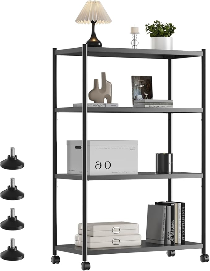 ZZL 4 Tier Bookshelf 31.49" Width,Book Organizers and Storage w/Wheels,Rustic Industrial Book Shelves for Home Office,Bedroom,School,Living Room(Black)