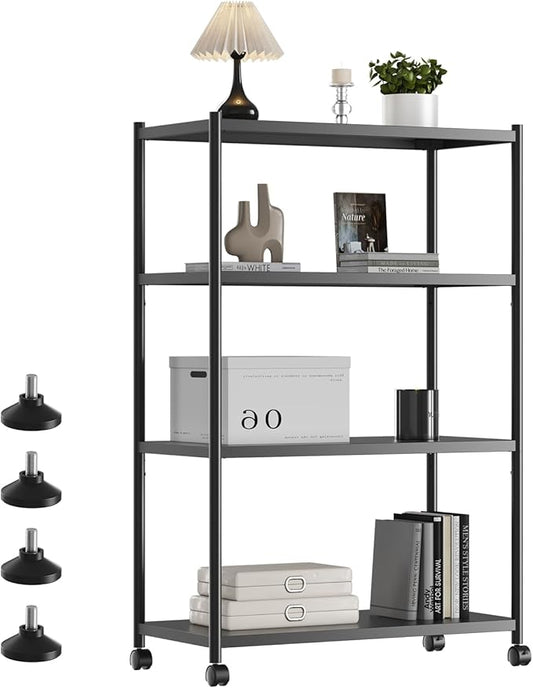 ZZL 4 Tier Bookshelf 31.49" Width,Book Organizers and Storage w/Wheels,Rustic Industrial Book Shelves for Home Office,Bedroom,School,Living Room(Black)