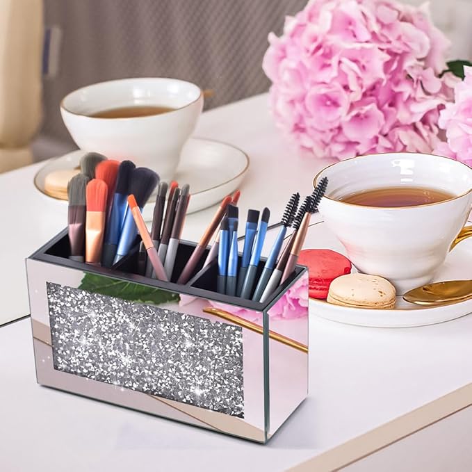 Crystal Crushed Diamond Silver Makeup Brush Holder Organizer, 3 Slot Mirrored Cosmetics Brushes Storage Case, Cute Pen and Pencil Glass Holder, Eyeliners Display Case