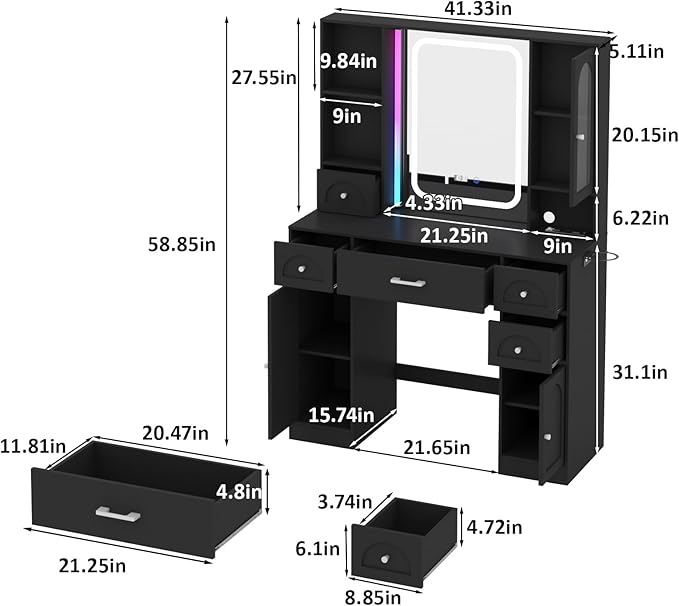 Fameill Black Makeup Vanity Desk with Lights,Makeup Vanity with RGB Lightsand Power Strip,Vanity Table with 5 Drawers Lots Storage & Time Display,3 Lighting Modes Vanity Mirror,41.3in(L)
