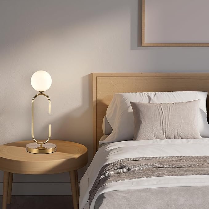 Mid Century C-Shape Table Lamp Gold 2-Light Globe Dimmable Table Lamp with Milk White Glass Gold Nightstand Lamp for Bedroom Bedside,G9 Bulb(Not Included)