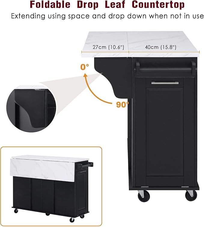 50.7" Mobile Kitchen Island with Storage Tilt Trash Can Cabinet and Pull Out Cabinet Organizer, Movable Rolling Island on 5 Wheels with Drop Leaf, 2 Drawers, 1Door for Kitchen, Dining Room (Black)