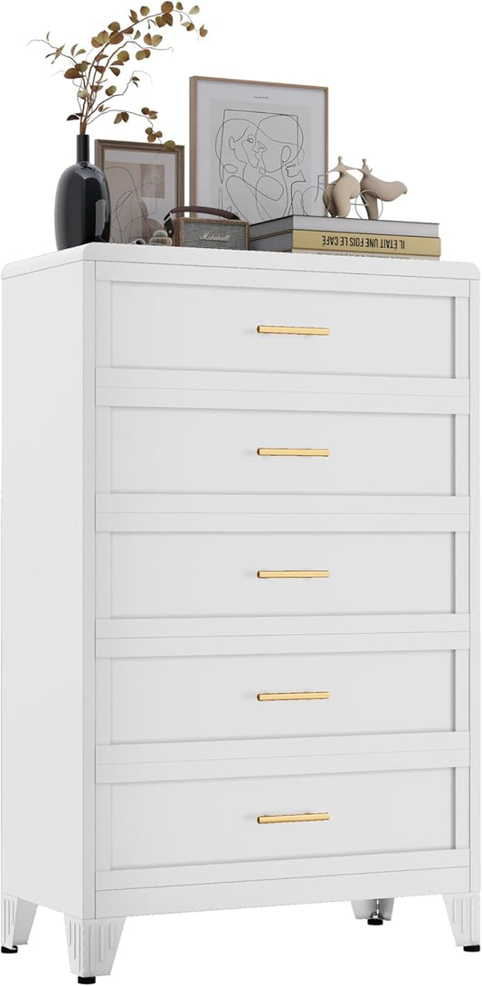 Metal Dresser Tall White Dresser for Bedroom Chest,53.54" H White Drawer Chest, Closet Dressers & Chests of Drawers for Living Room, Hallway (5 Drawers Rounded Corners)
