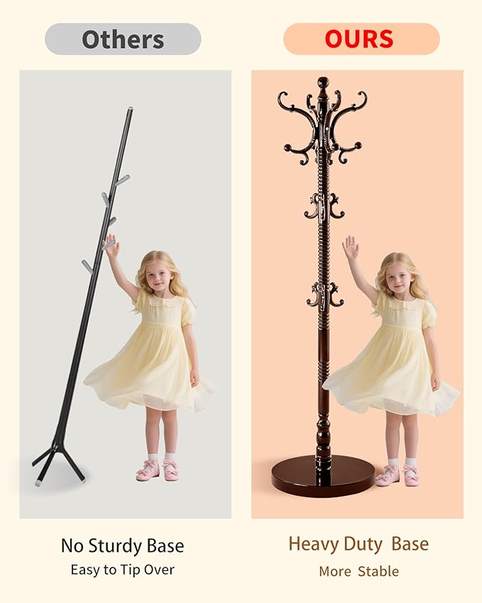 Wooden Coat Rack Freestanding, Solid Wood Coat Rack Stand with 14 Hooks, Vintage Heavy Duty Standing Coat, Sturdy Jacket Hanger Tree Stand for Corner, Office, Entryway