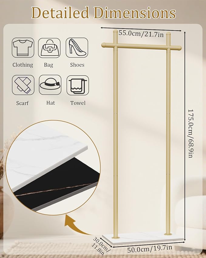 Coat Rack Freestanding with Natural Rock Base, Metal Coat Hanger Stand, Industrial Garment Rack, Clothes Tree for Bedroom Living Room Office To Hang Outerwear, Hats, 68.9in, Gold