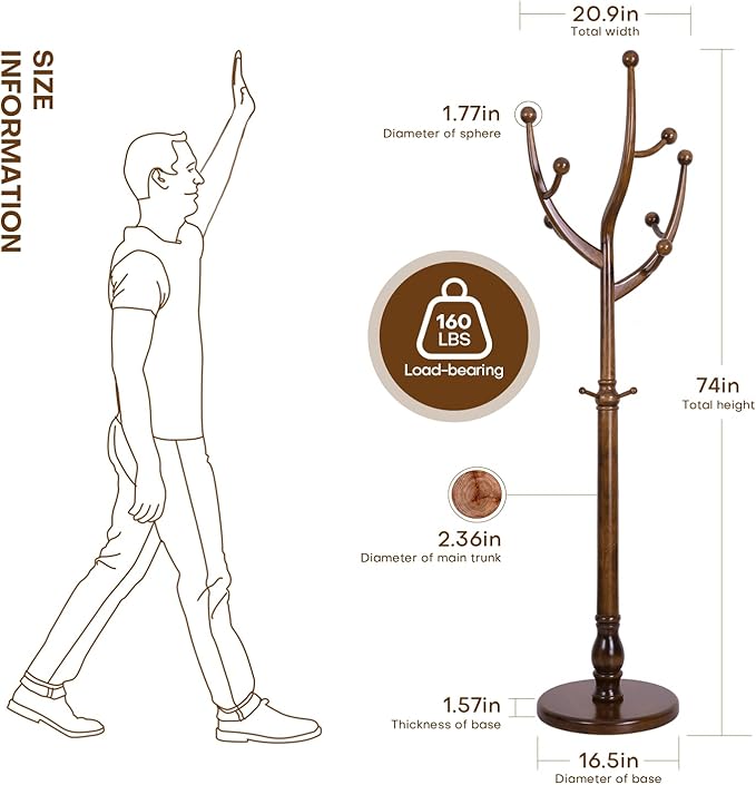 Wood Coat Rack Coat Tree Freestanding with Hooks, Heavy Duty Standing Coat Rack with Solid Round Base, 74” Tree Shaped Coat Hanger Stand for Clothes, Hat, Jacket, Entryway Bedroom, Walnut