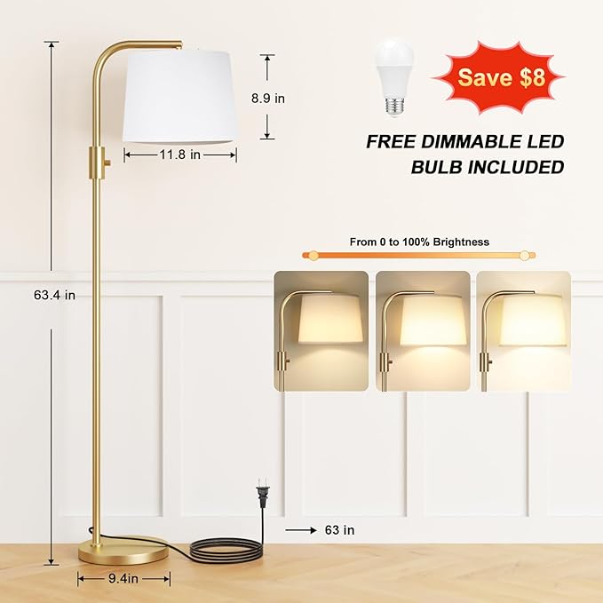 Ambimall Fully Dimmable Floor Lamp - Floor Lamps 9W LED Light Bulbs, Standing Lamps for Living Room, Modern Standing Light Tall Lamp for Bedroom (Gold and White)