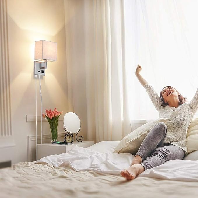 Plug in Wall Sconce, Bedside Wall lamp with Plug and dimmable Switch, with USB Charging Port and Socket, Suitable for Hotel, Corridor, Living Room and Bedroom Wall Light (Nickel)