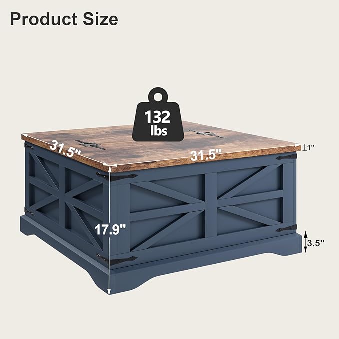 MXV Farmhouse Coffee Table with Storage, Square Coffee Tables for Living Room, Rustic Wood Center Table with Hinged Lifting Tabletop for Home, Blue