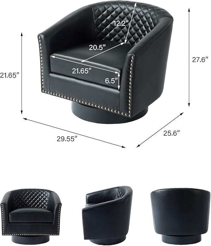 Swivel Barrel Accent Chair, Comfy Modern Upholstered Round Faux Leather Arm Chair for Living Room, Bedroom（Black, Set of 4