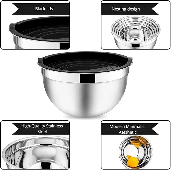 Set of 5 Stainless Steel Mixing Bowls with Plastic Lids – Nesting Design for Space-Saving Storage, Ideal for Cooking, Baking, and Food Storage