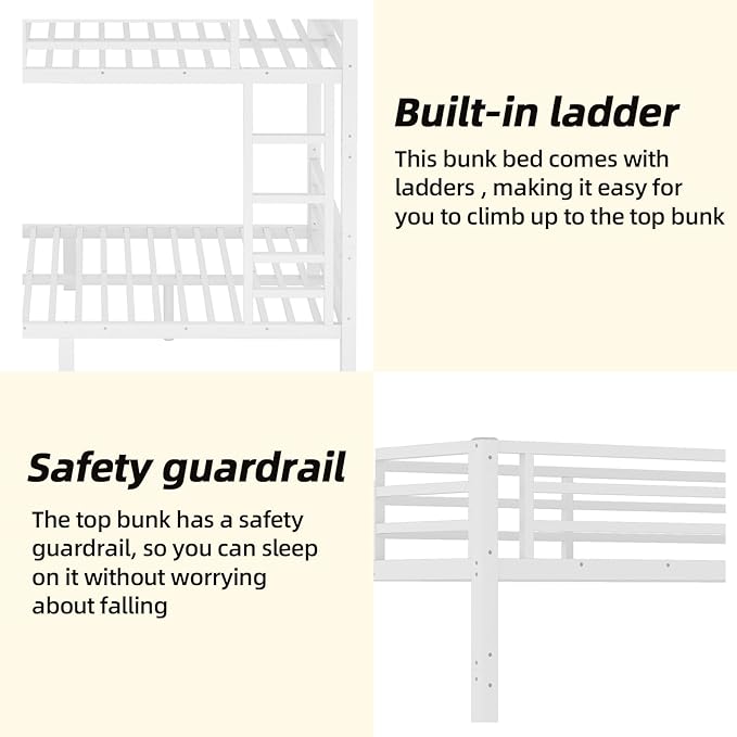 Full XL Over Full XL Bunk Bed Frame, Heavy Duty Metal Loft Bed for Adults/Teens, 350/500LB Capacity w/Ladder & Guardrail, Noise-Free Steel Slats, No Box Spring Required, White