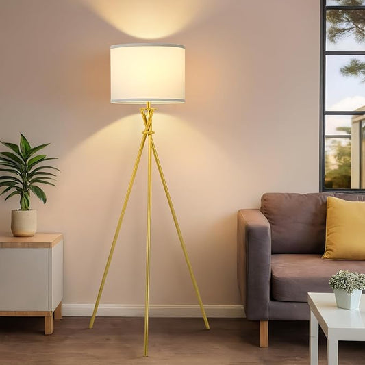 Gold Tripod Floor Lamp, 61”Tall Floor Lamps, Standing Lamp with Rotary Switch, Modern Floor Lamp Simple Design with White Shade, Floor Lamps for Living Room, Bedroom, Office, Without Bulb