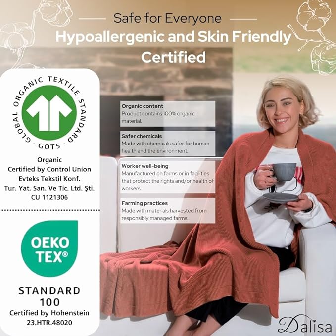 Dalisa 100% Organic Turkish Cotton Throw Blanket - GOTS Certified, Cozy - Perfect for Couch, Bed, and Home Decor - Boho Vintage Knit Alina (Amberglow, 50x60)