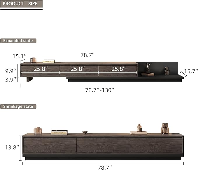 78.7–130" Extendable TV Stand with 3 Drawers - Mid-Century Modern Adjustable Entertainment Center, Perfect for Living Room, Black Walnut