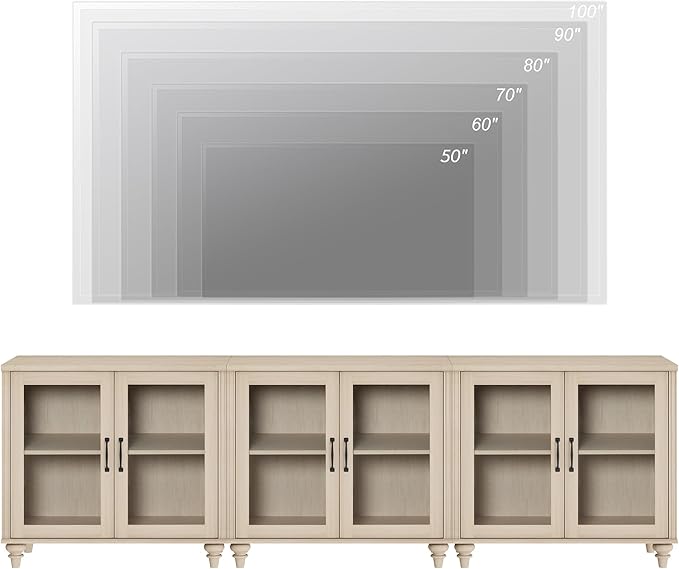 WAMPAT 100 Inch TV Stand with Glass Door, Wood TV Cabinet Entertainment Center for 75/80/85 Inch TV, 3-in-1 Kitchen Buffet Cabinet with 6 Storage Cabinets for Dining Room & Living Room, Light Oak