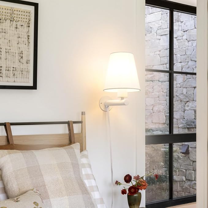 White Plug in Wall Sconces Set of Two, Wall Lamp with Plug in Cord On/Off Switch, White Bedroom Sconces Set of 2 Plug in, Bedside Wall Mounted Light with Fabric Linen,Wall Decor for Living Room