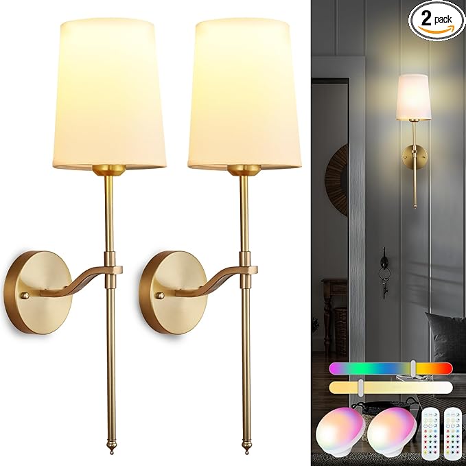 Wall Lights Battery Operated Wall Sconces Set of 2, Gold Rechargeable Wall Sconce with 15 RGB Dimmable Detachable Bulbs and Remote, Wireless Battery Powered Wall Lamp for Living Room Bedroom