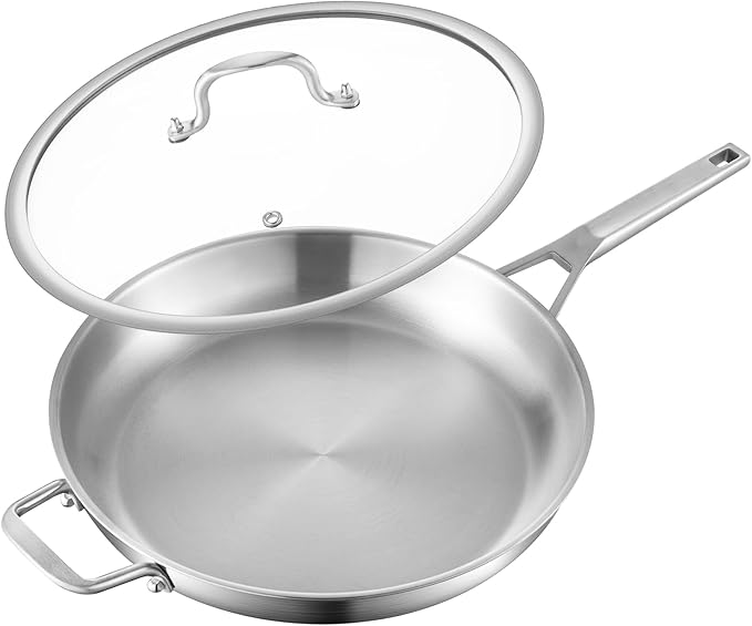 12-Inch Tri-Ply Fully Bonded Stainless Steel Frying Pan with Tempered Glass Lid | Chef's Skillet, Induction Compatible, Dishwasher & Oven Safe