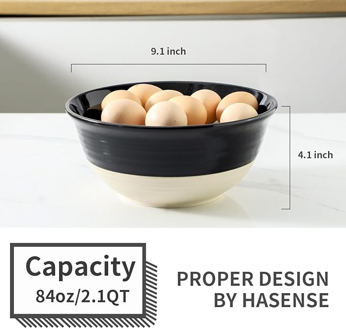 Hasense Ceramic Serving Bowls Set of 2, 9 Inch Large Salad Bowls for Kitchen, 84 Ounce Mixing Bowl Set for Cooking, Baking, Side Dishes, Soup, Popcorn, Dishwasher and Microwave Safe, Black