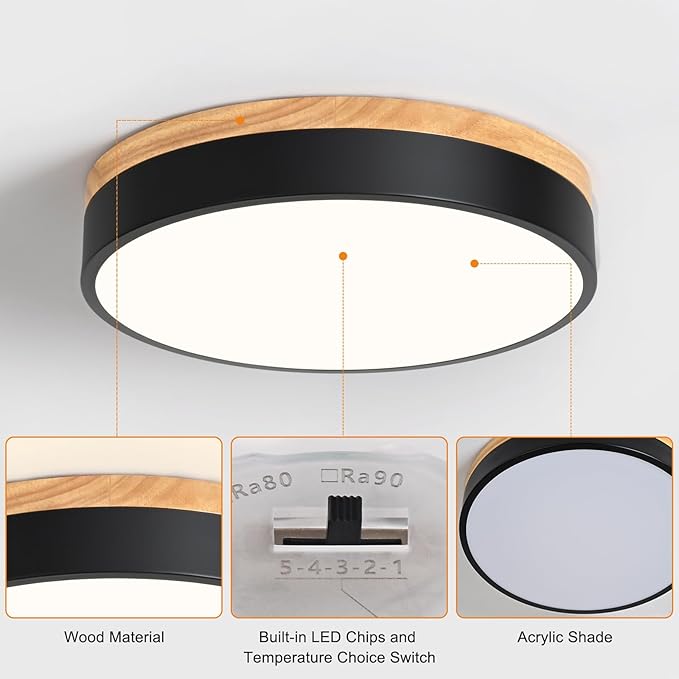 Dimmable Wood LED Flush Mount Ceiling Light, 5CCT 2700K-6000K Modern Black Close to Ceiling Lighting Fixtures, Minimalist Round Ceiling Lamp for Bedroom, Kitchen, Hallway, Laundry Room