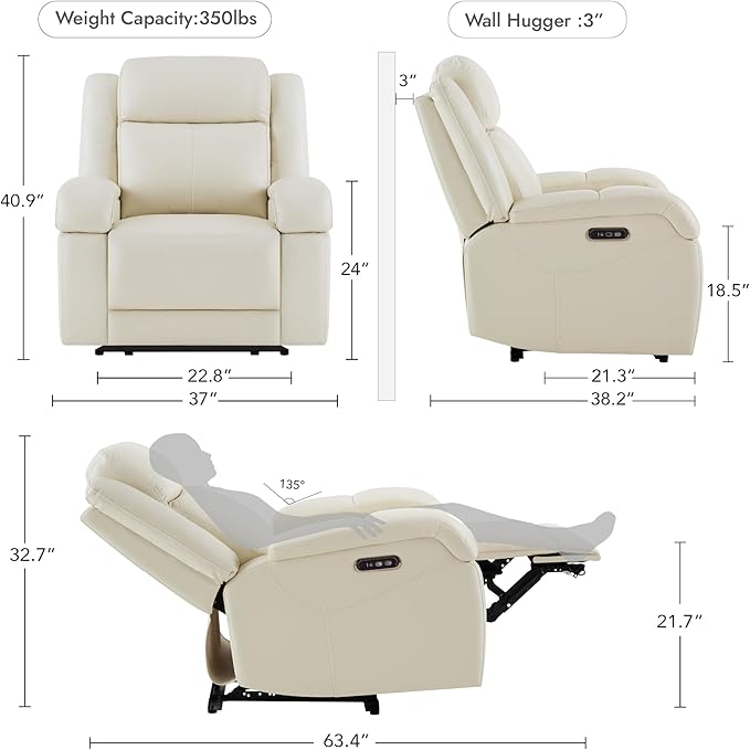 Watson & Whitely Genuine Leather Power Recliner Chairs for Adults, Wall Hugger RV Recliner with Power Headrest & Charging Ports, Electric Recliner Sofa Chair for Living Room, Cream
