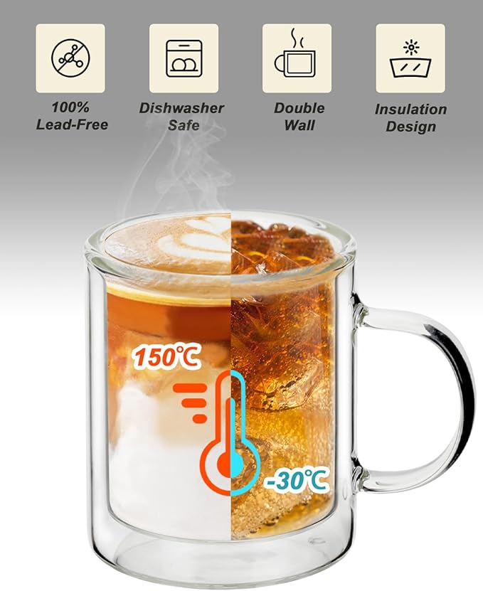 LIBWYS 12oz Double Wall Coffee Mugs (2 Pack) - Insulated Borosilicate Glass Cups with Handle for Espresso, Cappuccino, Latte - Heat Resistant, Dishwasher Safe Hot/Cold Beverage Glasses 350ml