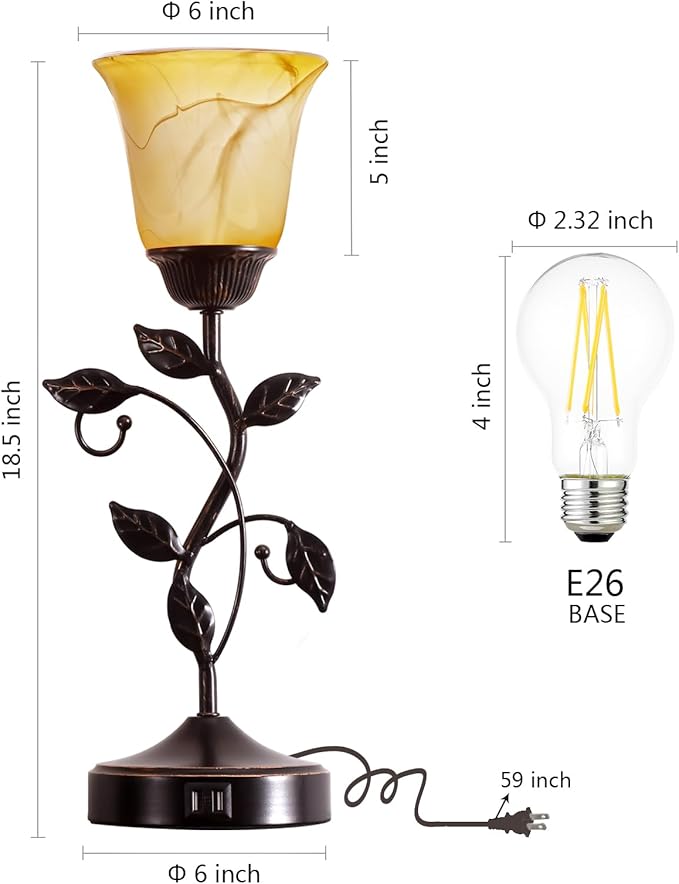RORIANO Set of 2 Touch Vintage Table Lamps with 2 USB Ports, 3-Way Dimmable Nightstand Flower Lamps, Amber Glass Shade Rustic Leaf Lamp for Living Room Bedroom, LED Bulb Included (Bronze)