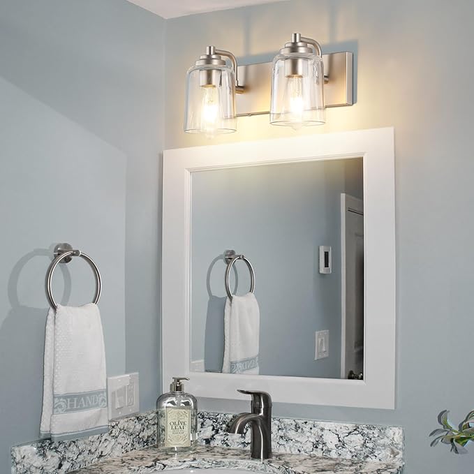 SOLFART Brushed Nickel Bathroom Light Fixture Vanity Lighting Fixtures Over Mirror 2 Light Bathroom Vanity Light Nickel Wall Light
