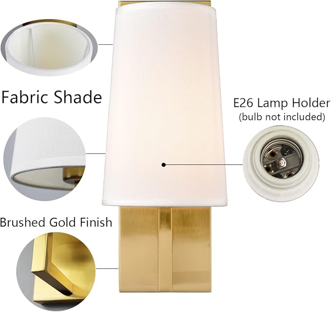 Gold Wall Sconces Set of Two Mid-Century Modern Fabric Shade Sconces Wall Lighting Indoor Brass Wall Lamp for Bedroom Hallway Living Room