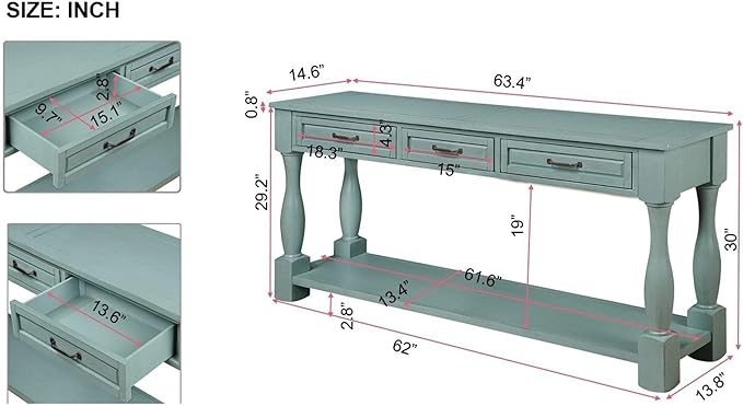 63inch Solid Wood Console Table with 3 Drawers and 1 Bottom Shelf Extra-Thick Sofa Table(Retro Blue)