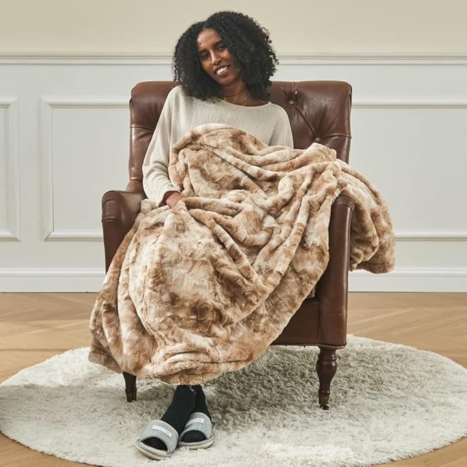 Krifey Faux Fur Throw Blanket, Super Soft Cozy Blanket, Luxury Fluffy Blanket Warm Bed Throw, Plush for Women, Marbled Beige 50" x 60"