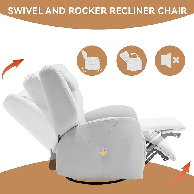 Power Recliner Chairs for Women, 270° Swivel Recliner Rocker Chair with Charging Ports, Reclining Rocking Glider Chair for Nursery, Polyester Fabric White